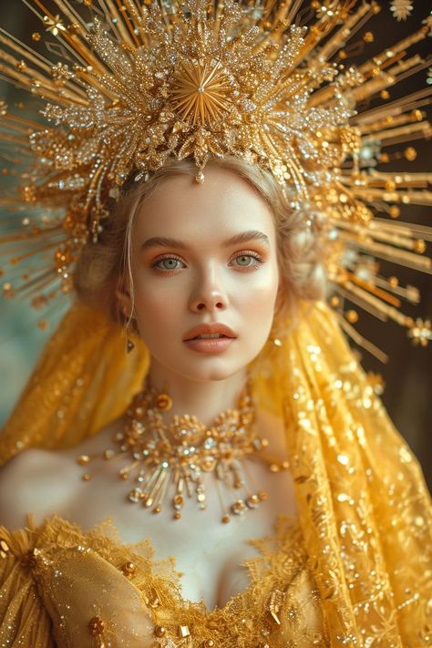 ♔ Portraits Créés par IA Princess Dress Fantasy, Chacter Inspiration, Sun Queen, Art Person, Magic Shoes, Ethereal Makeup, Headpiece Jewelry, Fantasy Photography, Models Makeup