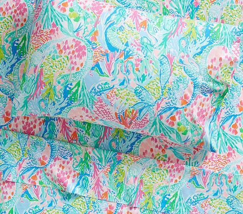 Lilly Pulitzer Organic Mermaid Cove Kids' Sheet Set | Pottery Barn Kids Mermaid Sheets, Lilly Pulitzer Bedding, Mermaid Bedding, Mermaid Cove, Pottery Barn Teen, Baby Furniture, Kids Bedding, My New Room, Pottery Barn Kids