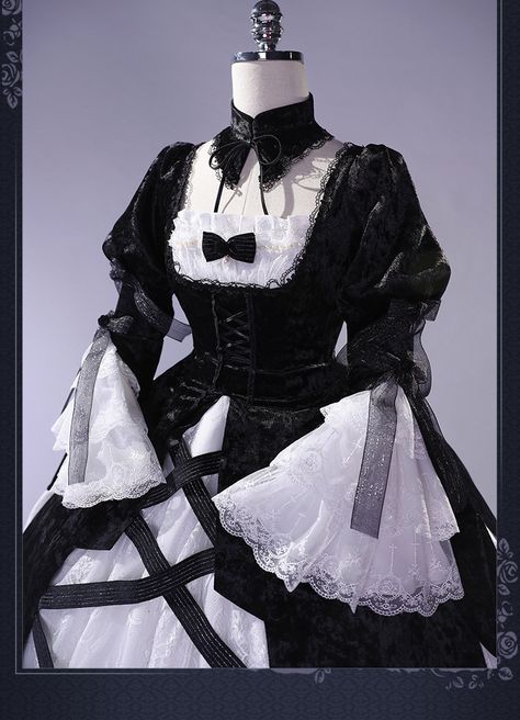 This price includes a dress, a hairband, a choker and a pair of garters(socks not included) only, others are not included.  Step into the enchanting world of Rozen Maiden with this exquisite Mercury Lamp Black and White Dress. Inspired by the iconic Lolita style, this cosplay costume captures the elegance and charm of the Rozen Maiden series with its intricate design and attention to detail. The contrasting black and white color scheme adds a touch of sophistication, while the delicate lace and Black And White Ruffle Dress, Alt Fancy Outfits, Goth Lolitas, White Gothic Dress, Ribbon Outfit, Black And White Goth, Black Elegant Dress, Cosplay Dresses, Outfits Goth