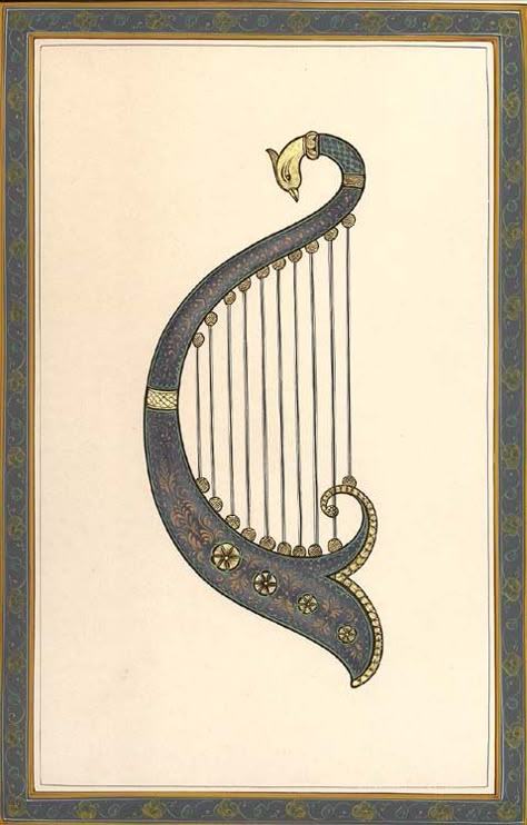 harp - Miniature Painting On Old Urdu Manuscript Paper Old Instruments, Harp Instrument, Harp Art, Harp Design, Old Musical Instruments, Manuscript Paper, Instrument Design, Harps Music, Isadora Duncan