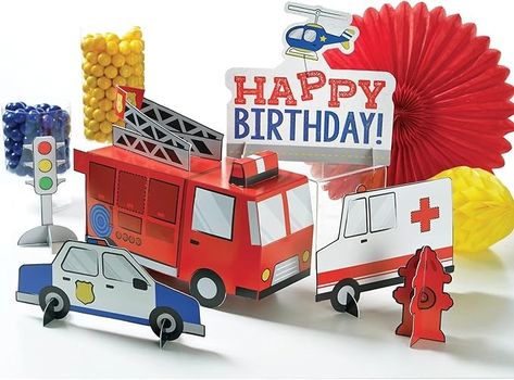 Amazon.com: First Responders "Happy Birthday" Table Centerpiece Decorating Kit - Pack of 6 - Vibrant Multicolor Paper - Perfect for Kids' Birthday Parties & Special Occasions : Home & Kitchen Fire Truck Birthday Party Decorations, Car Traffic, Police Party, Fire Hydrants, Transportation Birthday, Firefighter Birthday, Table Decorating, Fan Decoration, Diy Balloon Decorations