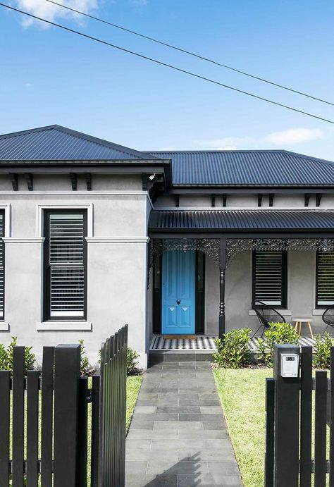 Grey Rendered House Exterior, Grey Rendered House, Grey Roof House, Australian Facade, Rendered Facade, Rendered House Exterior, Monument Roof, Blue Roof House, House With Blue Roof