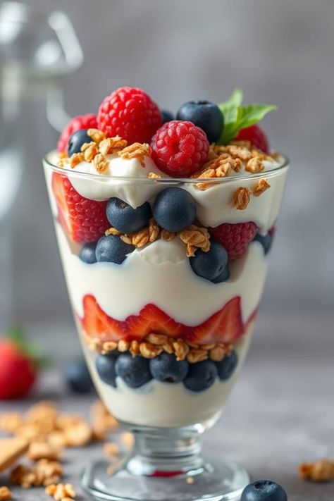 Parfait layered with yogurt, granola, strawberries, blueberries, and raspberries in a glass. Mini Fruit And Yogurt Parfait, Parfait Recipes Breakfast, Yougart Parfait Cups Recipe, Mini Yogurt Parfait Cups, Best Parfait Recipe, Easy Parfait Recipes, Fruit Yogurt Parfait, Parfait Yogurt, Fruit Parfait Recipes