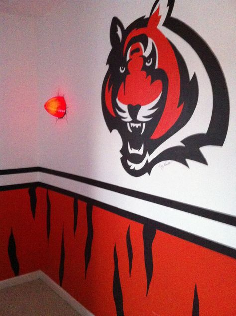 Painted bengals room! Bengals Bedroom Ideas, Bengals Painting, Cincinnati Bengals Room Ideas, Bengals Bedroom, Cincinnati Bengals Bedroom, Bengals Man Cave, Who Dey Bengals, Who Dey Cincinnati Bengals, Football Rooms