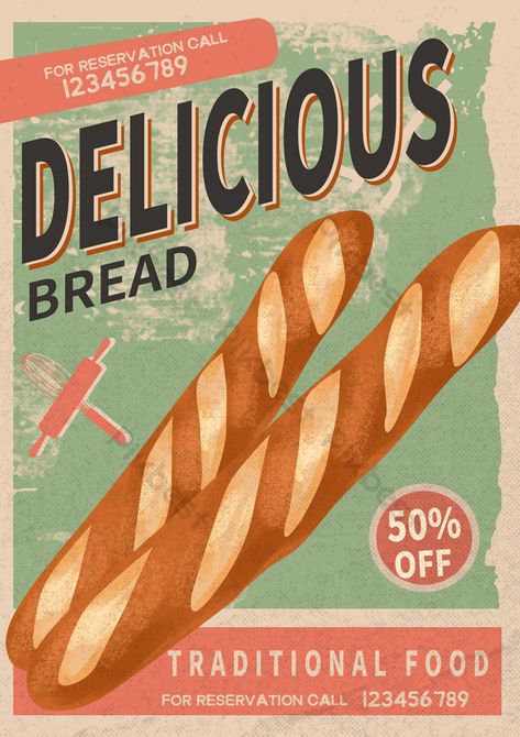 French Bread Illustration, Food Poster Aesthetic, Advertising Posters Design, Bread Graphic Design, Food Vintage Poster, Vintage French Aesthetic, Retro Food Poster, French Graphic Design, Baking Wallpaper