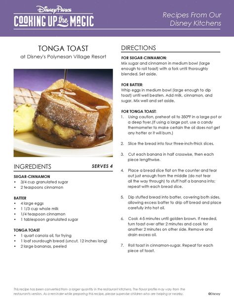 Sanaa Disney Recipes, Tonga Toast Recipe, Tonga Toast, Disney Cookbook, Movie Recipes, Disney Foods, Disney Dishes, Polynesian Village Resort, Polynesian Village