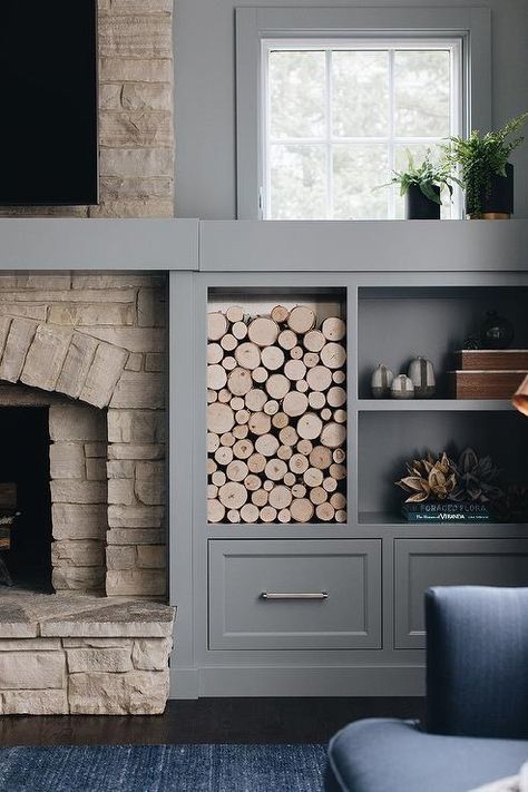 Rustic Stone Fireplace with Gray Built Ins - Cottage - Living Room Grey Stone Fireplace, Rustic Stone Fireplace, Fireplace Design Ideas, Built In Around Fireplace, White Brick Fireplace, Fireplace Bookshelves, Built In Shelves Living Room, Living Room Built Ins, Fireplace Built Ins