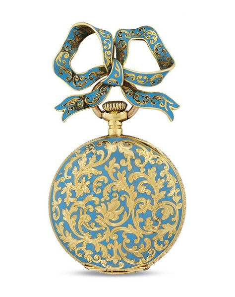 SWISS, GOLD AND ENAMEL OPENFACE KEYLESS LEVER POCKET WATCH WITH PENDANT, NO. 22875, CIRCA 1900. Gilt-finished lever movement, gold cuvette, white enamel dial with Arabic numerals, gold case, bezel and case back decorated with turquoise enamel and gold scrolls, bow pendant with turquoise enamel and gold scrolls, case and cuvette numbered. Diameter: 28 mm. Old Pocket Watches, Art Deco Watch, Antique Fans, Treasure Jewelry, Bow Pendant, Mens Gold Wedding Band, Edwardian Jewelry, Pocket Watch Antique, Vintage Fine Jewelry