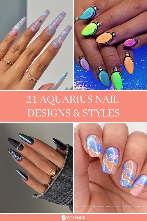 Hey Aquarius! Searching for nail art as unique and visionary as you? We’ve got 21 innovative designs made with your creative spirit in mind. From unexpected color combos to bold, out-of-the-box patterns, these nails reflect your love for the unconventional. Each design is a statement piece, perfect for showcasing your one-of-a-kind style. Express your individuality—click the link and discover a manicure that's truly ahead of its time! Zodiac Nails Designs Aquarius, Aquarius Inspired Nails, Aquarius Nail Designs, Aquarius Nail Art, Aquarius Nails Designs, Aquarius Nails, Zodiac Nail Designs, Zodiac Sign Nails, Zodiac Nails