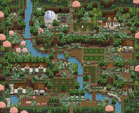 universes through landscapes Stardew Farms, Stardew Valley Layout, Stardew Valley Tips, Valley River, Stardew Valley Farms, Top Farm, City Decor, Farm Layout, Farm Games