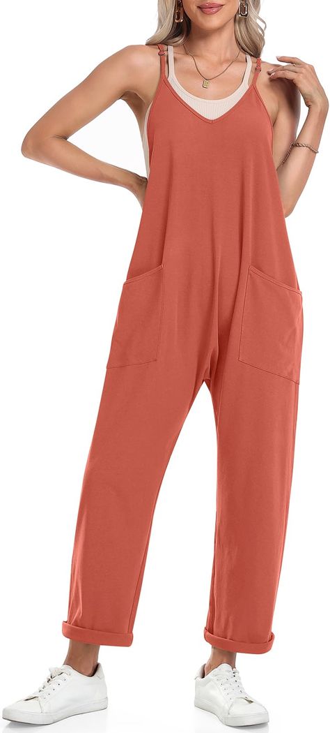 PRICES MAY VARY. MATERIAL: US SIZE: S(4~6), M(8~10), L(12~14), XL(16~18). This women's spaghetti strap summer jumpsuit is made of 92% cotton and 8% spandex. The fabric is soft and comfortable, stretchy, lightweight and breathable. DESIGN: Women's casual Loose fit overalls, V-neck design, baggy and comfortable, adjustable spaghetti strap jumpsuit, sleeveless rompers, casual summer outfits, with two sides pockets, solid color, suit for summer vacation, flattering look that is appealing. OCCASION: Jumpsuits For Women Casual Summer, Jumpsuits For Women Casual, Casual Summer Rompers, Baggy Overalls, Loose Fit Jumpsuit, Trendy Overalls, Womens Jumpsuits Casual, Long Pant Jumpsuit, Pants Jumpsuit