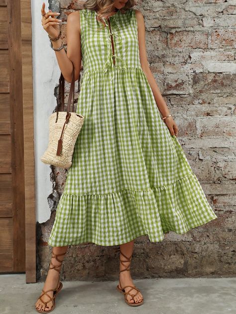 Women Round Neck Sleeveless Tie-Waist Plaid Ruffle Hem Elegant Dress Multicolor Cute  Sleeveless Woven Fabric Gingham,Plaid Smock Non-Stretch  Women Clothing, size features are:Bust: ,Length: ,Sleeve Length: 2024 Outfit Trends For Women, Free Dress Patterns For Women, Tie Dress Pattern, Gingham Dress Outfit, Gingham Sundress, Womens Figure, Sewing Dresses For Women, Gingham Fashion, Drawstring Dress