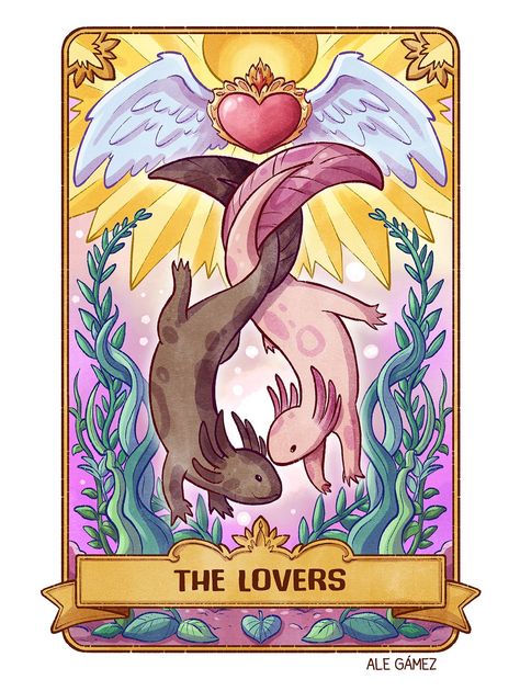 #AxolotlTarot #axolotl #tarot #tarotcards #illustration #lovers #love Notion 2024, Witchy Autumn, Tarot Cards Art Illustration, Tarot Design, Animal Tarot, Tarot Tattoo, The Lovers Tarot Card, Retro Color Palette, The Lovers Tarot