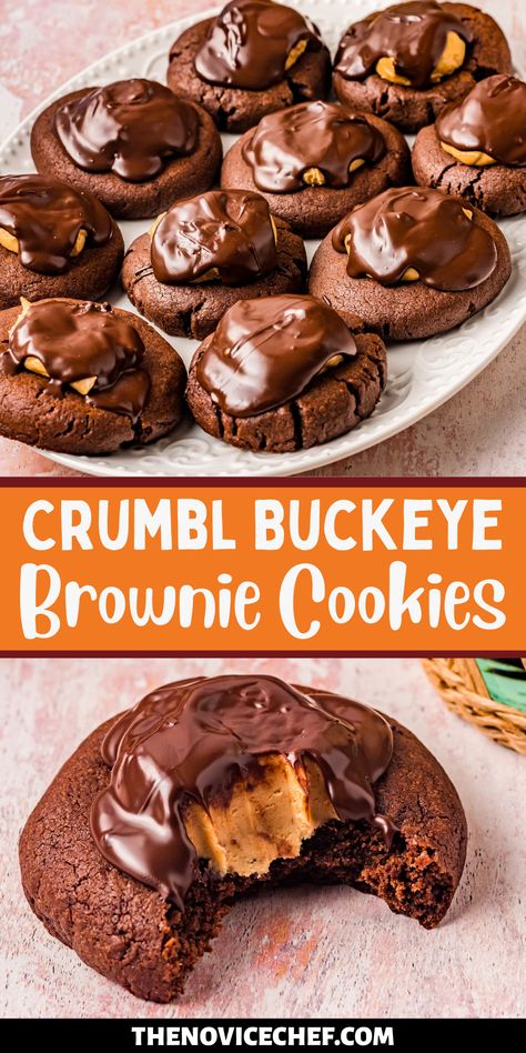 Copycat Crumbl Cookies, Buckeye Brownies Recipe, Buckeye Brownie Cookies, Buckeye Cookies, Buckeye Brownies, Peanut Butter Buckeyes, Crumble Cookie Recipe, Chocolate Brownie Cookies, Crumbl Cookies