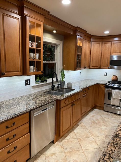 Tile Kitchen Floor With Wood Cabinets, Light Brown Kitchen Cabinets Decor Ideas, White Tile Kitchen Floor Oak Cabinets, Light Brown Cabinets Kitchen, Maple Cabinets With White Countertops, Kitchen Ideas Brown Cabinets, Light Brown Kitchen Cabinets, Wood Window Shades, Brown Kitchen Designs