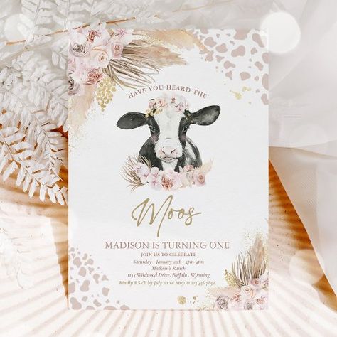 Boho Cow Party, Fluffy Cow Birthday Party, Cow Themed Birthday Party, Cow Print Birthday, Cow Birthday Party, Cow Birthday Parties, Boho Birthday Party, Floral Birthday Invitations, Animals Party