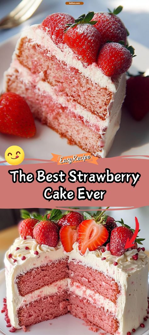 The Best Strawberry Cake Ever Best Strawberry Cake Ever, The Best Strawberry Cake, Best Strawberry Cake, Homemade White Cakes, Delicious Strawberry Cake, Cake Receipe, Unfrosted Cake, Strawberry Cake Easy, Box Cakes