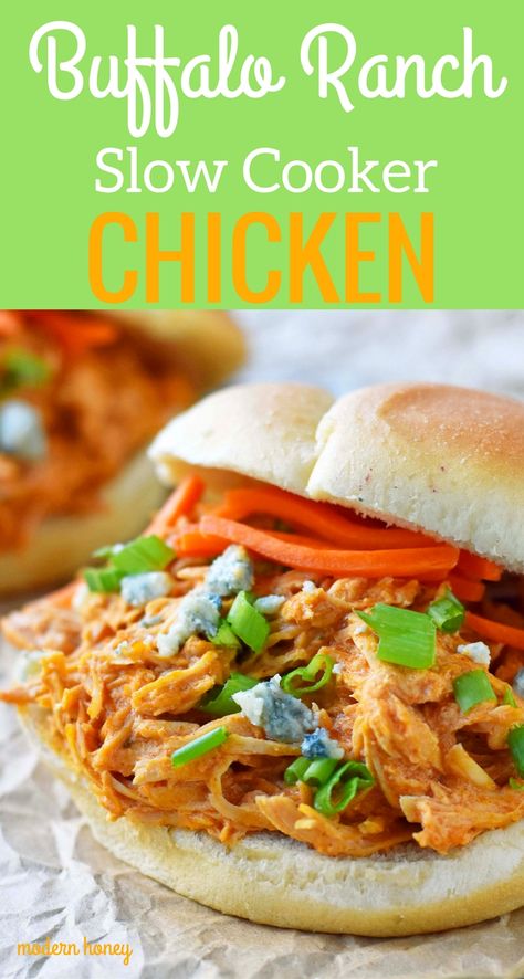 Buffalo Ranch Slow Cooker Chicken made with chicken breast, ranch dressing powder, buffalo wing sauce and cream cheese. This buffalo ranch chicken is made with only 4 ingredients. Can be made into buffalo chicken sliders. Perfect for football tailgate parties or potlucks. www.modernhoney.com Shredded Buffalo Chicken Sandwich, Buffalo Chicken Nachos Recipe, Buffalo Chicken Sandwich, Shredded Buffalo Chicken, Crockpot Buffalo Chicken, Modern Honey, Buffalo Chicken Sliders, Buffalo Chicken Wraps, Buffalo Chicken Dip Recipe