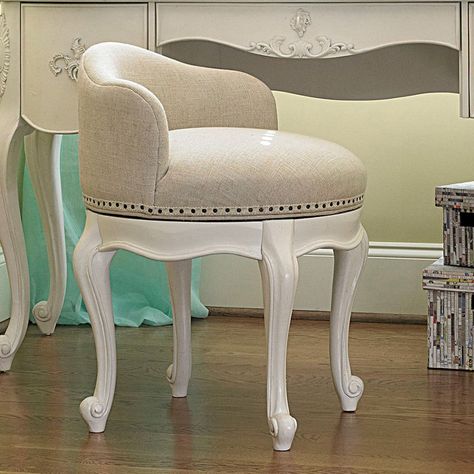 smartstuff Bellamy Swivel Vanity Stool - Daisy White | www.hayneedle.com Vanity Ideas Decor, Neo Classic Interior Design Luxury, Room Salon Ideas, French Country Vanity, Vanity Master Bath, Country Vanity, Bathroom Vanity Chair, Makeup Vanity Ideas, Chairs Unique