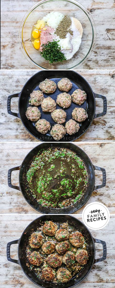 Best ever one pan dinner! This Garlic Butter Meatballs recipe is on repeat. They go great with pasta, on mashed potatoes, or with roasted vegetables for a healthy dinner. Tender ground turkey meatballs are tossed in a rich garlicky butter sauce for a flavor-filled dinner you can make in minutes! Both quick and easy to make and family-friendly flavors make this meatball recipe perfect for a busy weeknight! Garlic Butter Meatballs, Butter Meatballs, Garlic Meatballs, Ground Turkey Recipes Easy, Asian Steak Bites, Ground Turkey Meatballs, Creamy Pasta Bake, Turkey Meatballs Baked, Italian Meatballs Recipe