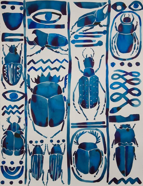 Egyptian Beetles Cobalt_LO Egyptian Art Drawing, Egyptian Design Pattern, Kate Roebuck, Egyptian Beetle, Egyptian Pattern, Egyptian Painting, Textiles Sketchbook, Egyptian Fashion, Ancient Egyptian Symbols