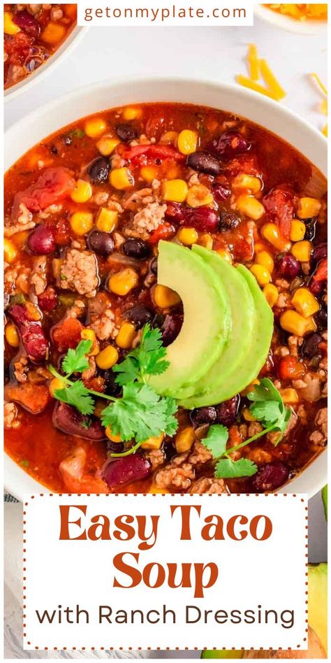 This Easy Taco Soup with Ranch Dressing will be a huge hit with your whole family! Ground beef, tomatoes, and taco and ranch seasonings are all simmered to perfection, then served with all of your favorite taco toppings! This easy taco soup recipe can be made in the crockpot or (quickly!) on the stovetop and it’s freezer-friendly and perfect for meal preps! Taco Soup With Ranch, Taco Soup Ranch, Healthy Stew Recipes, Taco Soup Recipe Crockpot, Best Stew Recipe, Easy Taco Soup Recipe, Taco Soup Recipe Easy, Taco Toppings, Easy Taco Soup