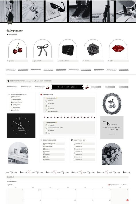 Notion Template Ideas, Notion Dashboard Ideas, Dark Femme Aesthetic Theme, That Girl Notion Notion Dashboard Ideas, Notion Template Ideas, Notion Inspo, Notion Ideas, Notion Aesthetic, Etsy Planner, Aesthetic Notion, Notion Dashboard, Romanticizing School