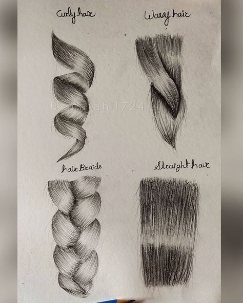 Hair Type Drawing, How To Draw Different Types Of Hair, How To Draw Curled Hair, Hair Study Reference, Types Of Hair Drawing, Hair Textures Drawing, Curled Hair Drawing, Types Of Shading Techniques, Hair Texture Drawing