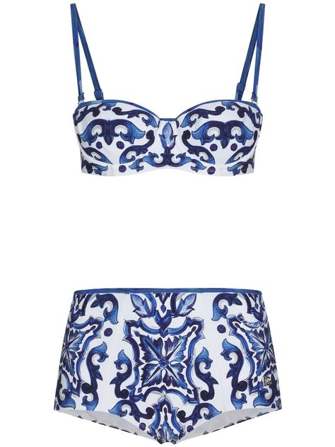 Dolce & Gabbana Majolica-print high-waist Bikini - Farfetch Bathing Suit Designs, Bathing Suit Dress, Surf Wear, Dolce E Gabbana, Summer Skirts, One Piece For Women, Dolce & Gabbana, Fashion Prints, One Piece Swimsuit