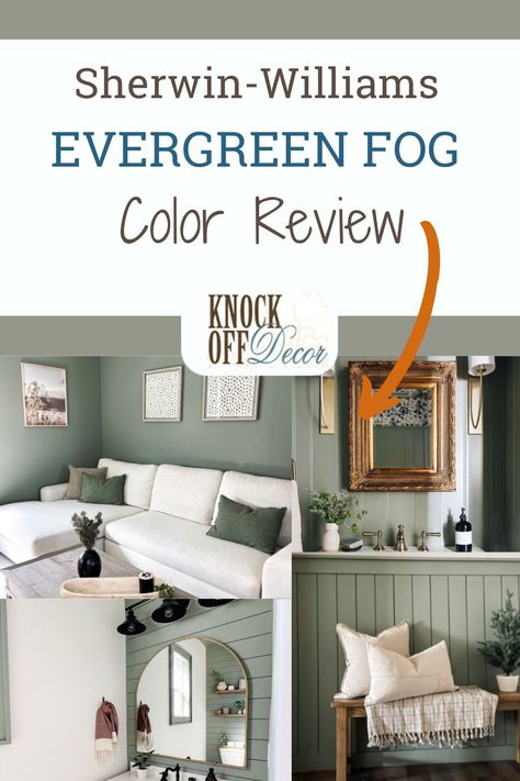 Sherwin Williams Evergreen Fog is a cool green color with hidden gray undertones. There's plenty behind this paint, and I cover it all; include what to best coordinate with it in your home. Evergreen Fog Shiplap Wall, Sw Evergreen Fog Living Room, Ever Green Fog Sherwin Williams Cabinets, Sherwin Williams Green Living Room, Grey Green Paint Color Living Room, Sw Evergreen Fog Exterior, Evergreen Fog And Agreeable Gray, Evergreen Fog Sherwin Williams Bathroom, Evergreen Fog Sherwin Williams Bedroom