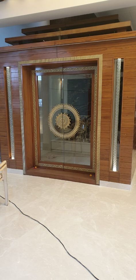 God Room Door Designs Hindu, Pooja Room Teak Wood Double Door Design, Pooja Room With Glass Door, Devara Mane Design, Pooja Door Glass Design, Pooja Room Door Design Glass And Wood, Glass Pooja Room Door, Glass Pooja Room Design, Pooja Room Glass Door Design Indian