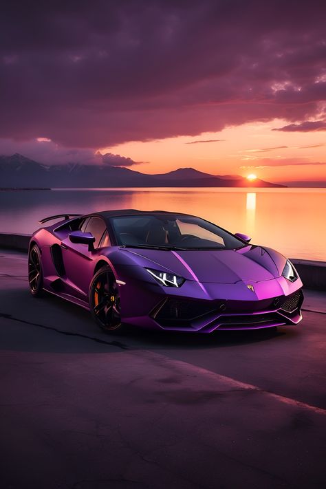 , #Media, #Graphics, #AD, #AI Purple Lamborghini, Sunset Scenery, Luxury Cars Rolls Royce, Dream Cars Mercedes, Purple Car, Mom Car, Lovely Car, Cool Car Pictures, Lamborghini Cars