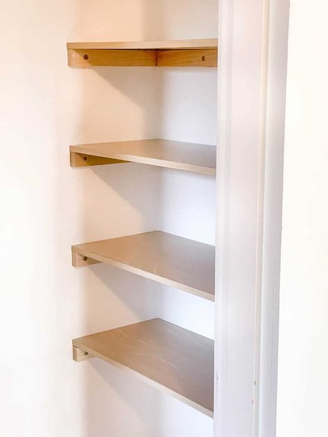 Reclaim that space in the side of your closet! These DIY closet shelves are super easy to make with just a couple of tools! Get your closet organized and get more storage space in that awkward side of your closet! Diy Closet Shelves, Closet Organized, Closet Built Ins, Framing Construction, Simple Closet, Toddler Bedroom, Storage Cupboard, Closet Renovation, House Updates