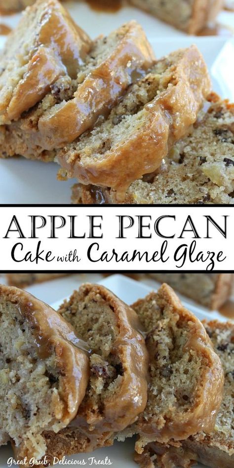 Apple Pecan Cake with Caramel Glaze is a scrumptious cake recipe loaded with apples and pecans, topped with a caramel glaze. #applecakerecipes #greatgrubdelicioustreats Caramel Apple Pound Cake Recipe, Apple Pecan Bundt Cake Recipes, Glazed Loaf Cake, Apple Pecan Caramel Cake, Apple Pecan Pound Cake, Apple Bread With Caramel Glaze, Pecan Baking Recipes, Recipes With Cooking Apples, Apple Pecan Cookies