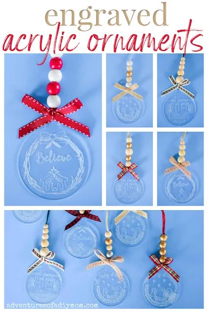 How to make acrylic engraved ornaments for your Christmas tree. Learn how to use the engraving function on your Cricut to etch beautiful designs in acrylic ornament blanks. Add ribbon and wooden beads to complete the ornament. Cricut Etched Acrylic, Diy Round Acrylic Ornaments, Engraved Acrylic Ornament Cricut, Acrylic Circle Ornaments Diy, Acrylic Disc Ornaments Diy, Acrylic Blank Ornament Ideas, Acrylic Christmas Ornaments Cricut, Christmas Acrylic Ornaments, Acrylic Christmas Ornaments