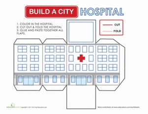 Can you believe this cut-out can fold into a mini hospital building? Add to your paper city masterpiece with this printable. You and your child can color, cut and fold together, building her fine motor skills and her imagination. Print on thicker paper, and you'll have a city that will last for years. Keep on constructing with more Build a City sheets. #educationdotcom Printable Buildings Templates, Paper City Printable, Hospital Model, Paper House Printable, Build A City, Paper House Template, Origami Templates, Building Crafts, Pola Kotak