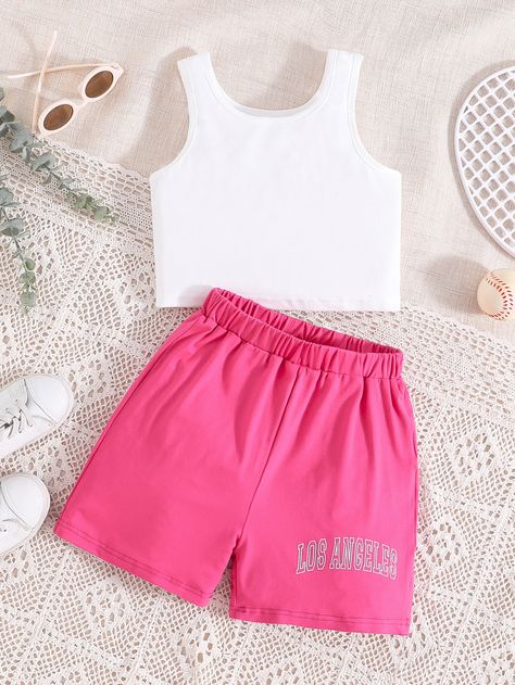 Girls Solid Tank Top & Letter Graphic Shorts Cute Summer Outfits For 12-13, Girls Summer Outfits Kid, Shorts For 10-12, Cute Outfits For Girls 9-10 Kids Clothes, Cute Summer Outfits For Girls 9-10, Graphic Shorts, Kids Outfits Daughters, Adrette Outfits, Shein Kids