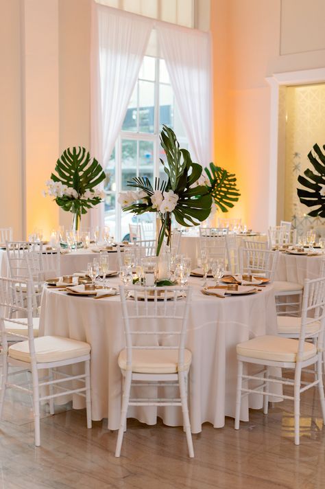 Indoor Tropical Wedding Reception, Green Orchid Centerpiece, Monstera Centerpiece, Minimalist Tropical Wedding, Tropical Wedding Reception Decor, Modern Tropical Wedding, White Orchid Centerpiece, Orchid Centerpieces Wedding, Tropical Wedding Reception