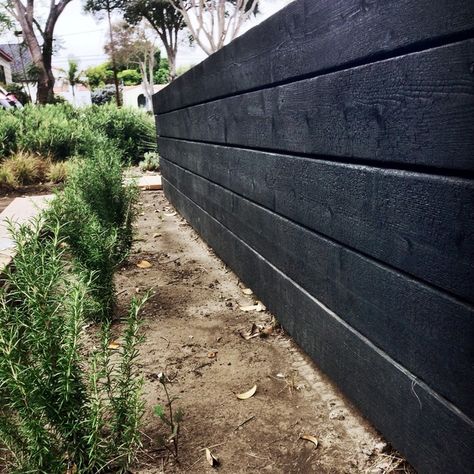 Japanese Charred Wood Garden Wall - Contemporary - Garden - Santa Barbara - by CJ Paone AIA | Archipelago Workshop | Houzz Retaining Wall Wood, Black Retaining Wall, Wood Plank Wall, Wood Retaining Wall, Garden Retaining Wall, Wood Plank Walls, Drought Tolerant Garden, Brick Garden, Charred Wood