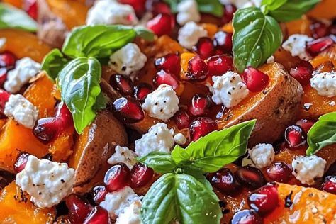 Try this vibrant roasted sweet potatoes with goat cheese & pomegranate recipe. A perfect side dish with sweet, creamy, and tangy flavors! Sweet Potato Pomegranate Recipes, Roasted Sweet Potatoe Rounds With Goat Cheese, Sweet Potato With Goat Cheese Recipes, Roasted Sweet Potatoes With Goat Cheese, Sweet Potato With Goat Cheese, Sweet Potatoes With Goat Cheese, Goat Cheese Potatoes, Sweet Potato Rounds With Goat Cheese, Recipes With Pomegranate