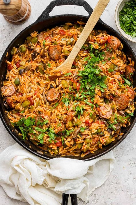 One-Pan Orzo and Chicken Sausage - Fit Foodie Finds One Pan Creamy Orzo Chicken Sausage, Garlic Chicken Sausage Recipes, Chicken Sausage And Orzo, Orzo Sausage Recipes, Sausage Orzo Recipes, Italian Sausage And Orzo, Chicken Sausage Orzo, Sausage For Dinner, Italian Sausage Orzo