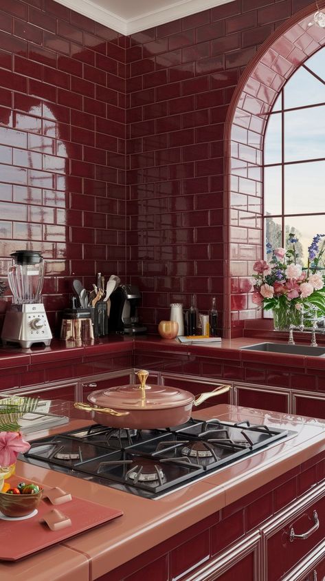 Dive into the passion of this bloody red kitchen! With striking tiles and a vibrant view, it’s a space that ignites creativity and excitement. Perfect for those who love to cook with flair and energy! 🔴🍳 Red Tiled Kitchen, Red Kitchen Countertops, Kitchen Red Tiles, Red Backsplash Kitchen, Red Tile Kitchen, Red Kitchen Tiles, Dramatic Kitchen, Red Backsplash, Patterned Kitchen Tiles