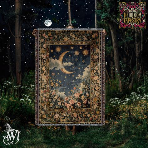 Cozy Light Academia Bedroom, Celestial Blanket, Witchy Bedroom Ideas, Witchy Bedroom, Blanket Tapestry, Tapestry Vintage, Sun Moon And Stars, Aesthetic Boho, Moon Tapestry