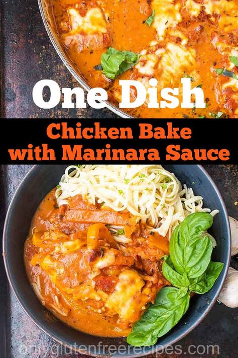 One Dish Chicken Bake with Marinara sauce #onedishmeals #chickenbake #chickendinner #italiandinner #italianrecipes #glutenfree One Dish Chicken Bake, Creamy Marinara Sauce, One Dish Chicken, Easy Delicious Chicken Recipes, Marinara Sauce From Scratch, Baked Boneless Chicken Thighs, Marina Sauce, Chicken Marinara, Easy Marinara Sauce