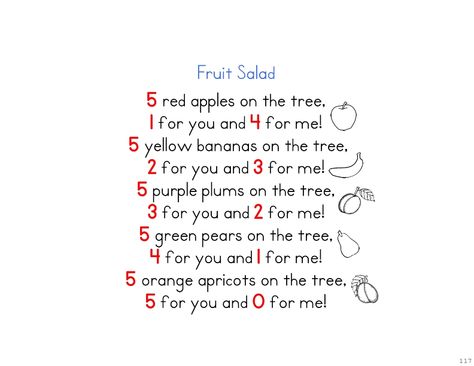 Counting Rhymes-Fruit Salad-Combinations of Five Counting Rhymes Preschool, Fruit Rhymes Preschool, Fruit Songs For Preschoolers, Salad Combinations, Class Charter, Fruit Activities, Rhymes For Toddlers, Fruit Song, Rhyming Preschool