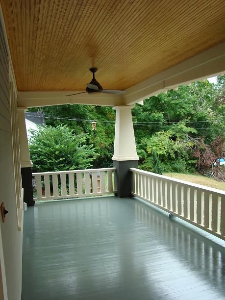 YES. white (or almond?) walls, stained ceiling, blue-gray-green floor Blue Front Porch Floor, Front Porch Flooring Ideas Wood, Green Porch Floor, Painted Porch Floor Wood, Ceiling Colors, Blue Porch, Patio Ceiling, Rehab Addict, Paris House