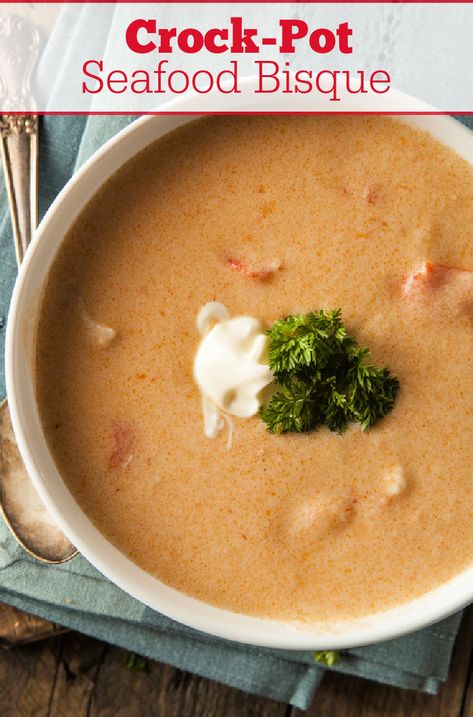 Crock-Pot Seafood Bisque - Learn how to make Crock-Pot Seafood Bisque with this easy recipe. A gourmet soup featuring shrimp and crab in every bite! [Low Carb & Low Sugar] #CrockPotLadies #CrockPot #SlowCooker #Seafood #Shrimp #Crab #SoupRecipes #Bisque #LowCarbRecipes #LowSugarRecipes Seafood Soup In Crockpot, Seafood Soup Crockpot, Crockpot Bisque Recipes, Crockpot Crab Bisque, Crab And Shrimp Seafood Bisque Crockpot, Crab Bisque Recipe Crockpot, Seafood Bisque Crockpot, Crock Pot Seafood Recipes, Fish In Crockpot