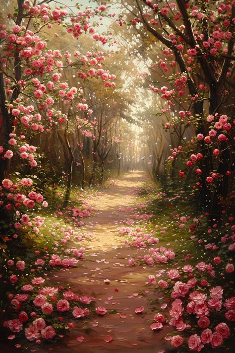 Garden Gate Illustration, Pathway Aesthetic, Pink And Green Landscape, Flower Garden Background, Pathway Painting, Rose Garden Painting, Flower Landscape Painting, Flower Path, Ethereal Garden