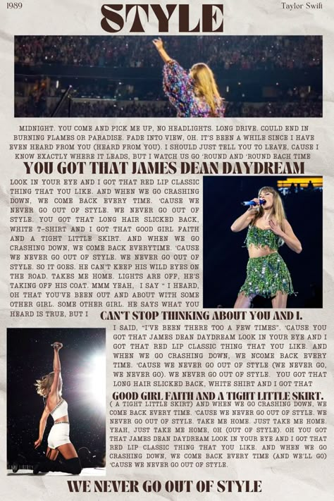 Style Taylor Swift Song Aesthetic, Style By Taylor Swift Song, Style Lyrics Taylor Swift, Style Taylor Swift Lyrics, 1989 Style, Taylor Swift Newspaper, Taylor Swift Dancing, Taylor Swift Book, Style Lyrics