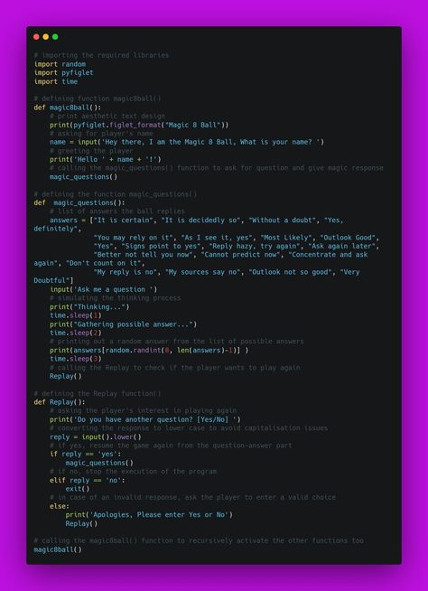 Build & Play the Magic 8 Ball Game Using Python Python Game Code, Python Learning, Python Projects, Programming Python, Coding Python, Iq Test Questions, Python Code, Coding Games, Computer Science Programming